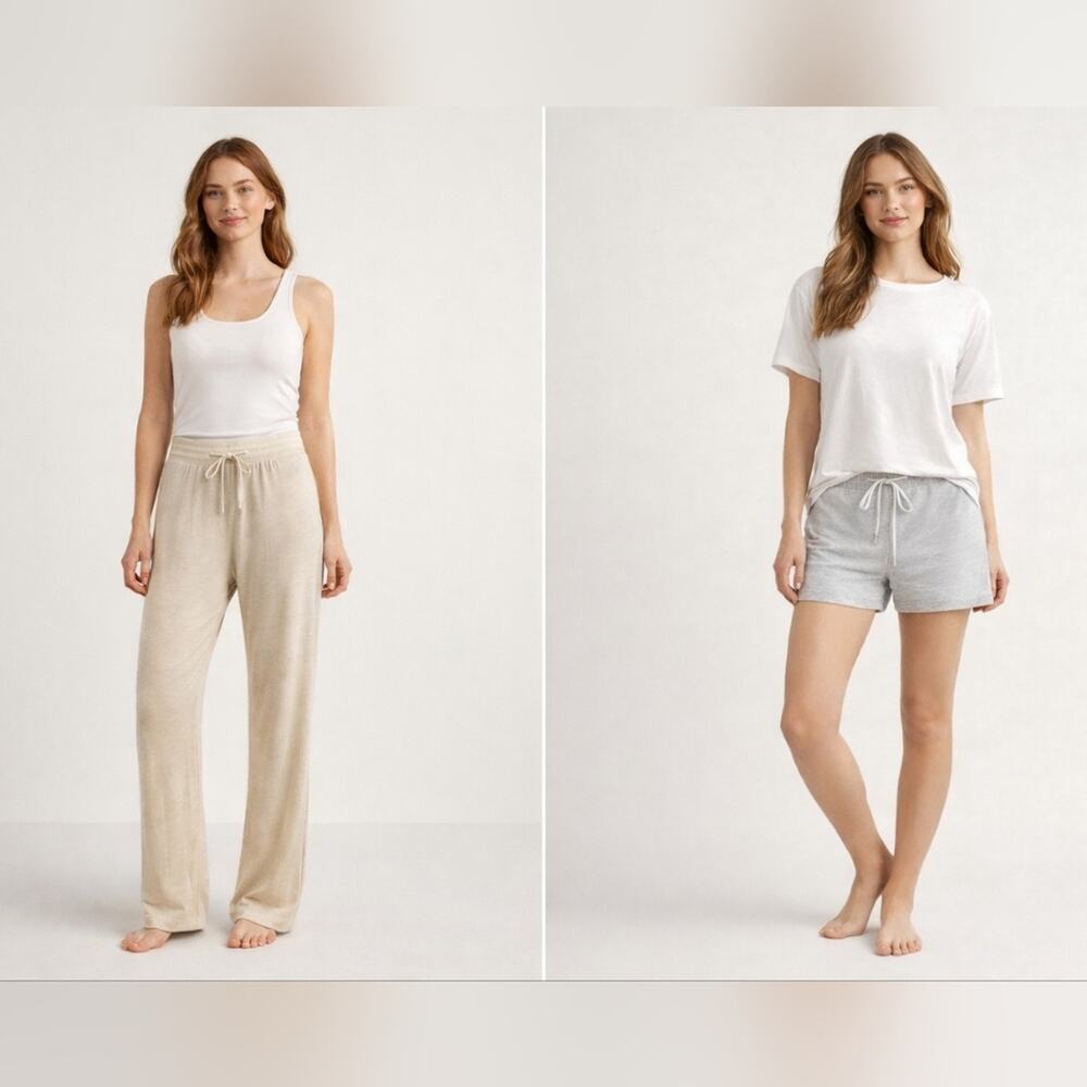 Ellen James Women’s Lounge Pajama Set | Beige Pants & Gray Drawstring Shorts | S